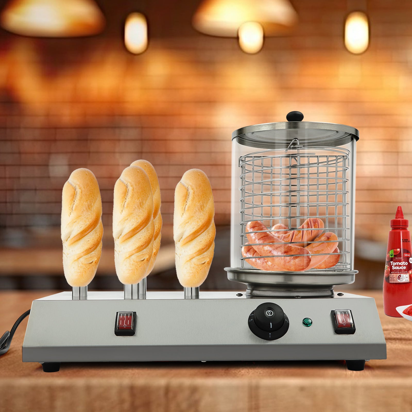 Hot Dog Maschine Hot Dog Maker mit 4 Heiz-Dorne Hot Dog Gerät Bockwurstwärmer Würstchenwärmer