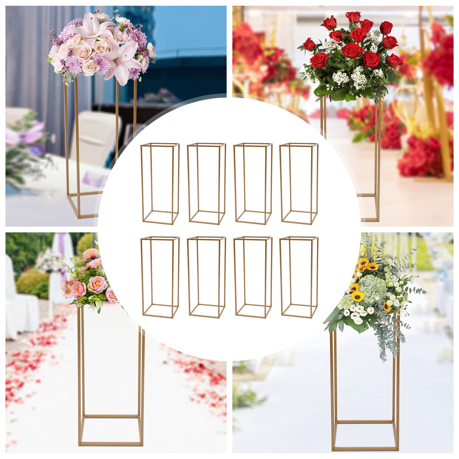 10 Stück Abnehmbarer Blumenständer für Hochzeit, Säulenständer aus geometrischen Vasen für Hochzeitsdekoratio, Party, Gold (80cm)