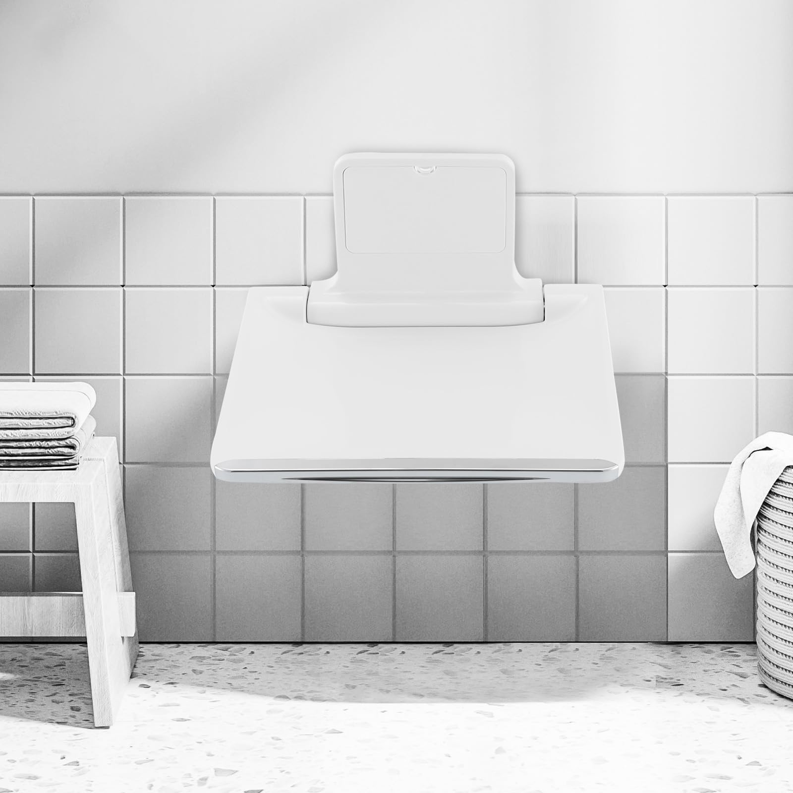 Wandmontierter Klapphocker, Duschklappsitz, bis 200 kg, Badestuhl, weißer Verandastuhl