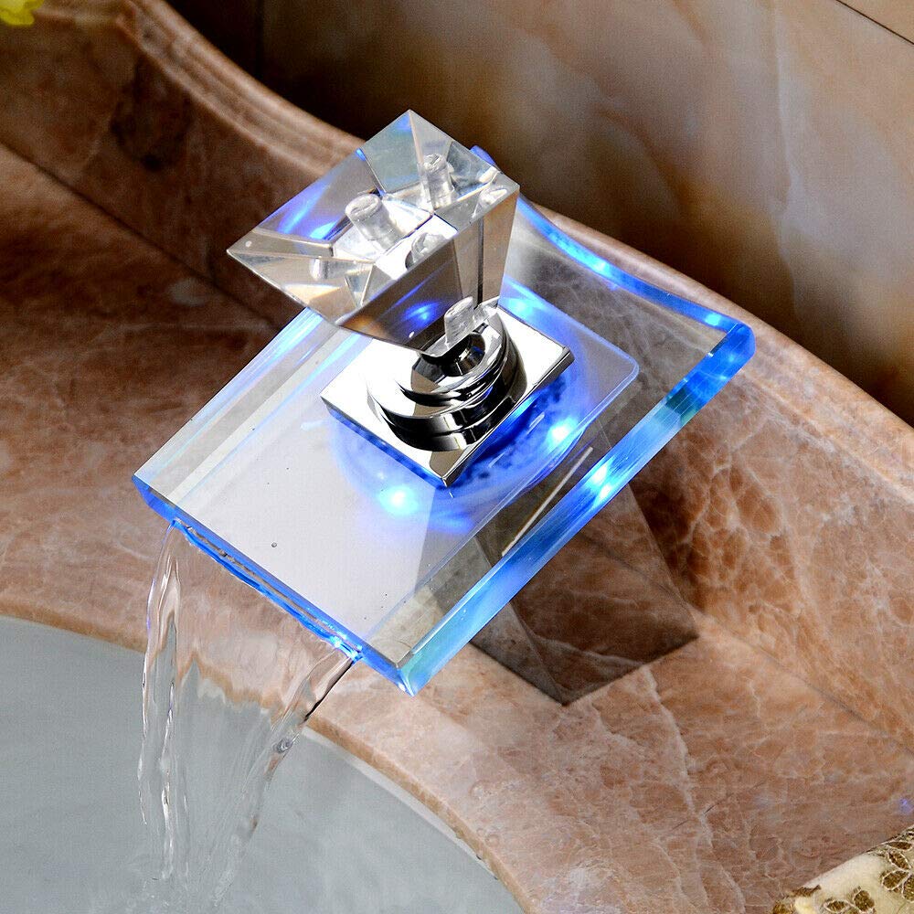 LED Glas Einhand Wasserfall Waschbecken Wasserhahn