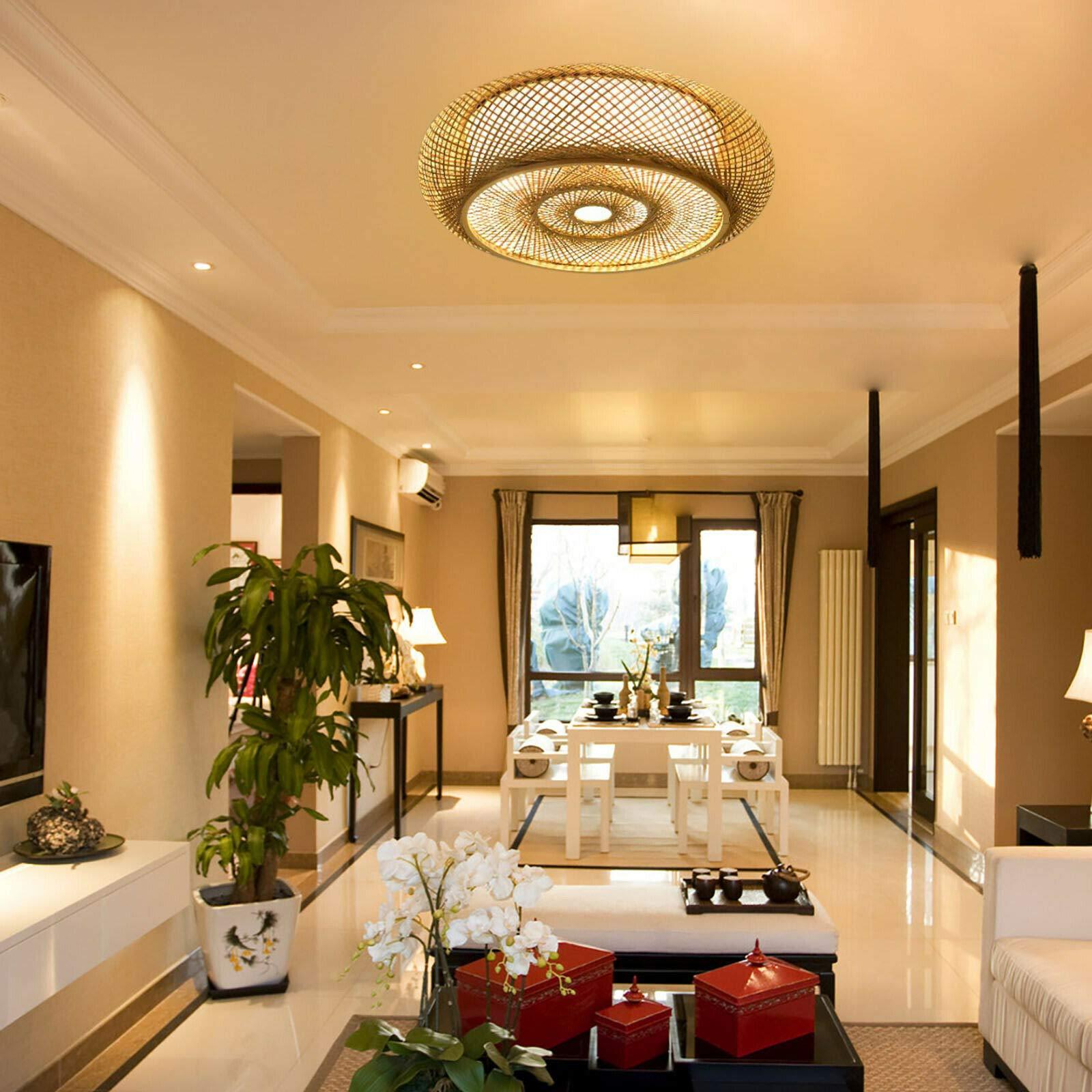 Nature Bamboo Wicker Rattan Shade Cap Ceiling Light Fixture Hanging Living Room
