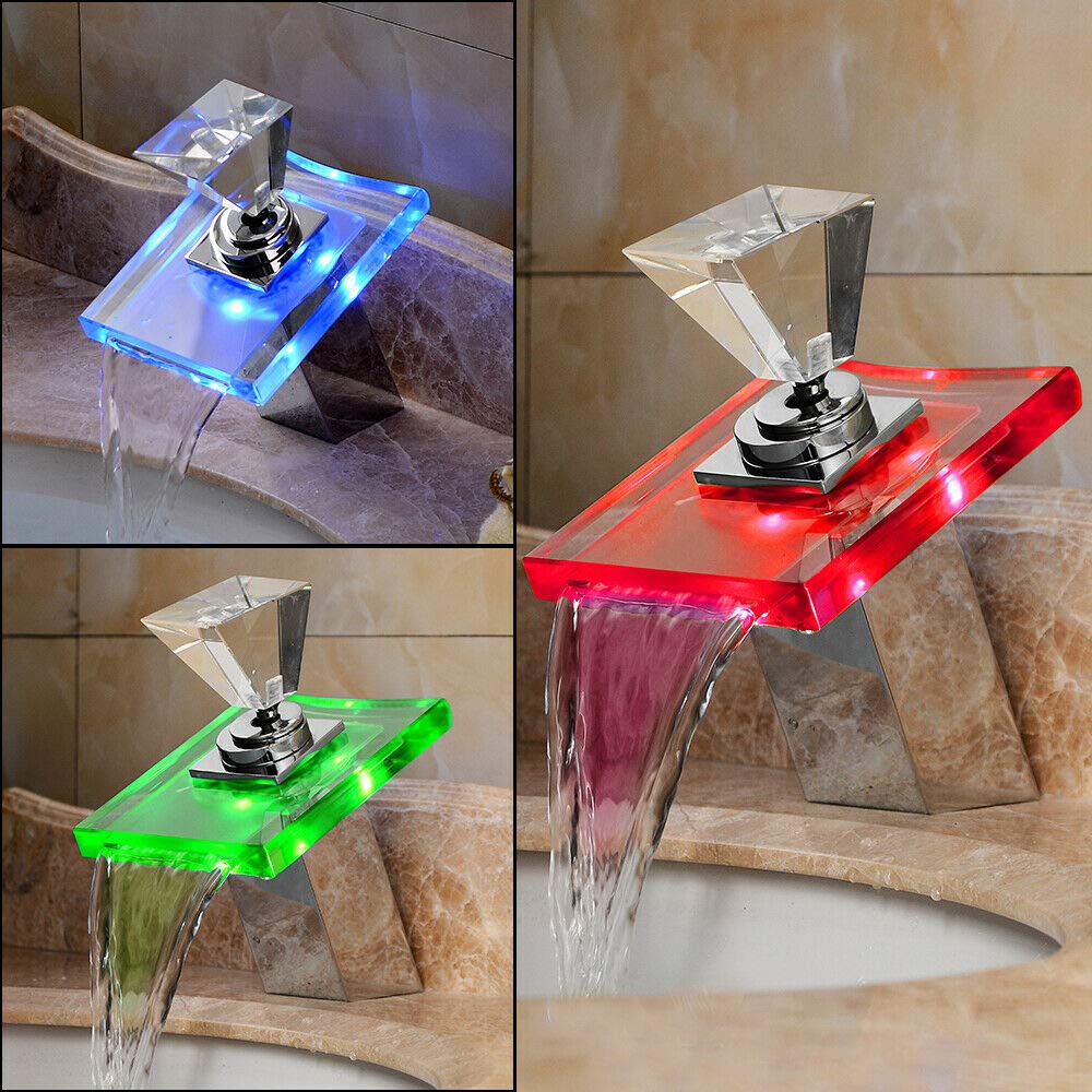 LED Glas Einhand Wasserfall Waschbecken Wasserhahn