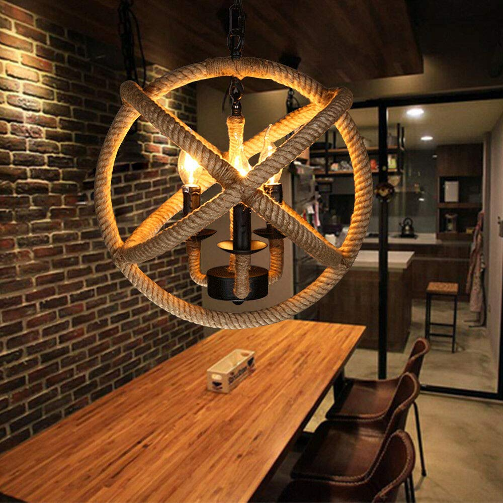 Industriell Retro Hanfseil Hängelampe Hängelampe Cafe Vintage Loft Retro Pendelleuchte mit 3 Lichter