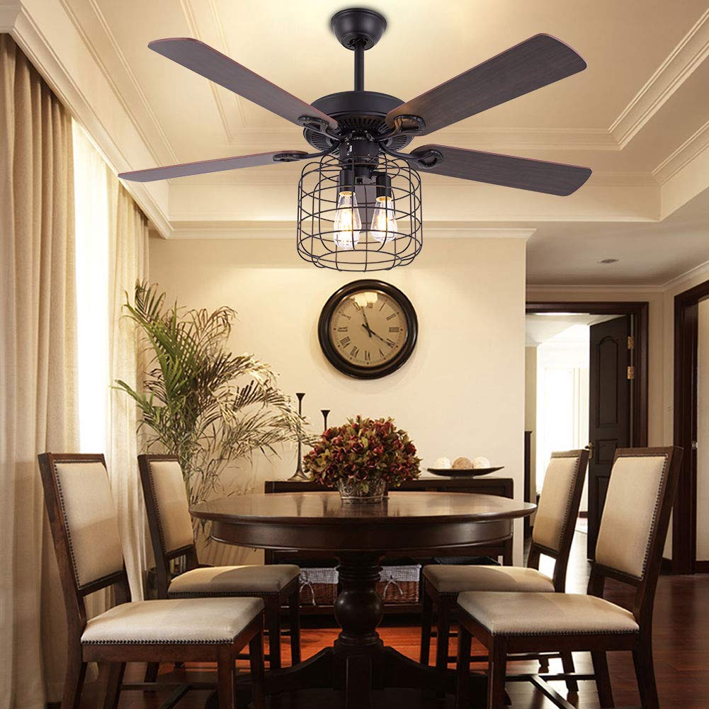  Ceiling Fans 3-Light with Remote Industrial Metal/Wood Chandelier Light