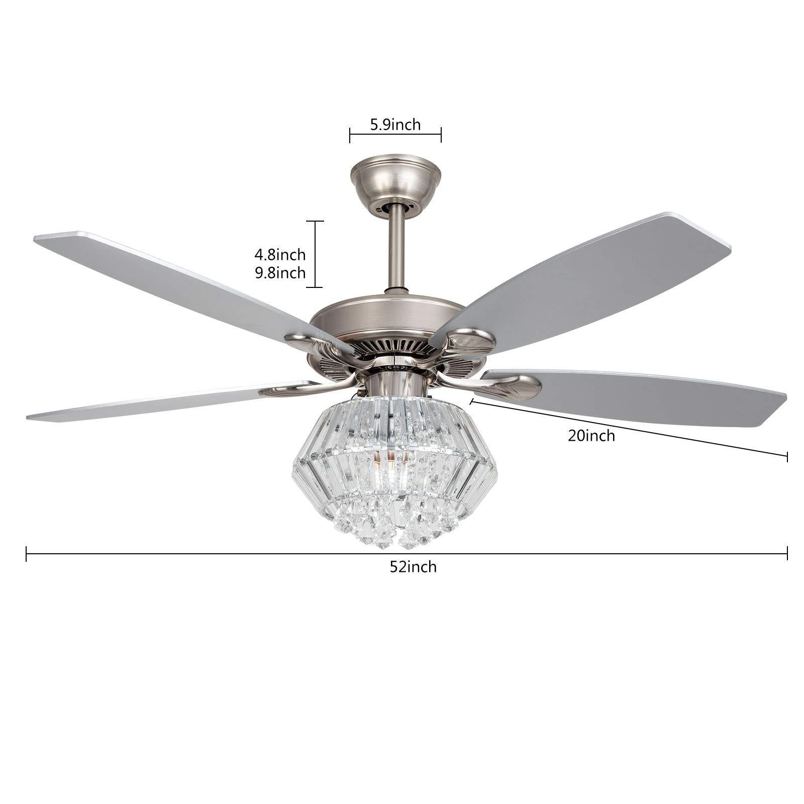 Chandelier crystal ceiling fan light with remote control, 52 inches 5 wood blade specifications