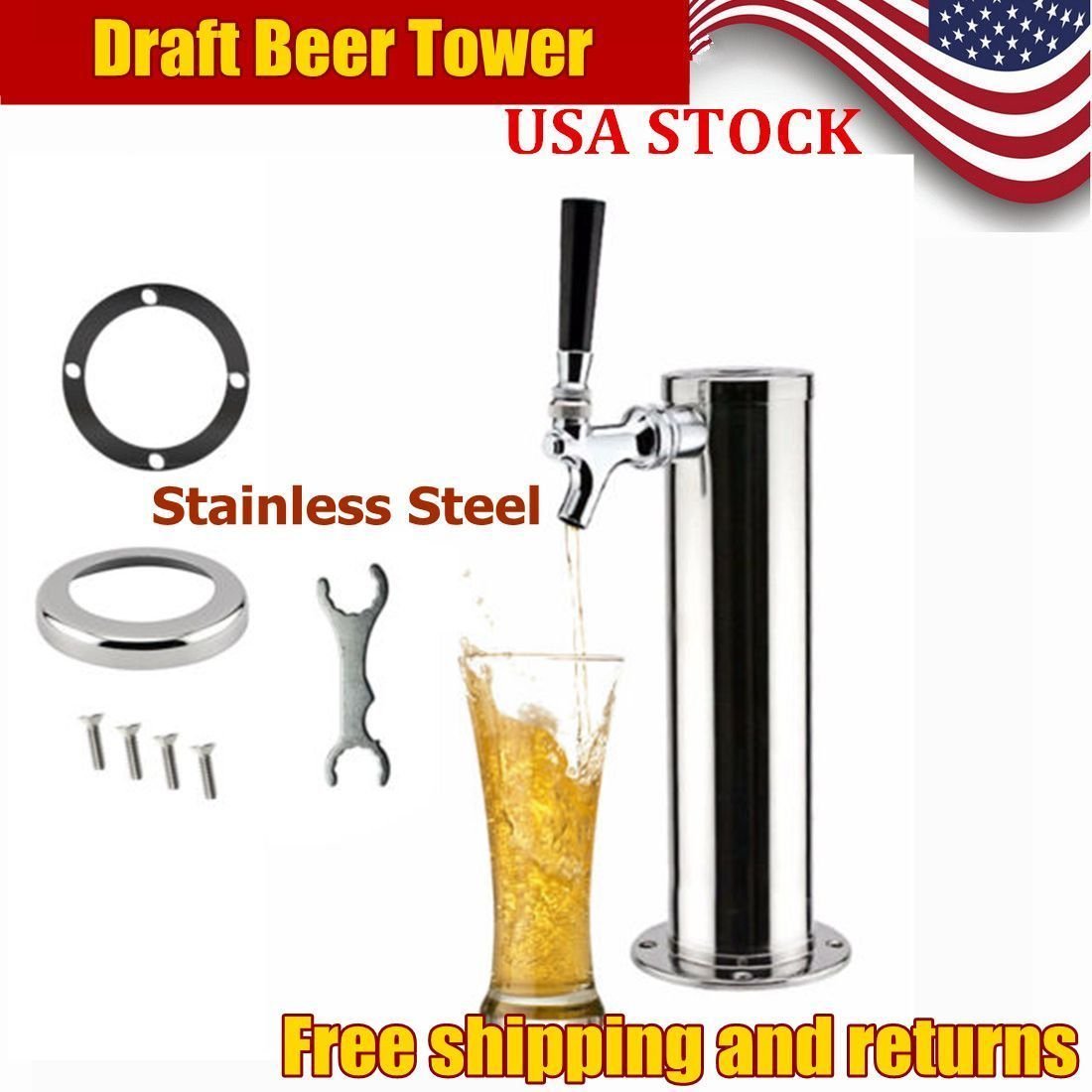 CNCEST 1 Taps Draft Beer Tower,Faucet Stainless Steel Homebrew for Bar &Family Party