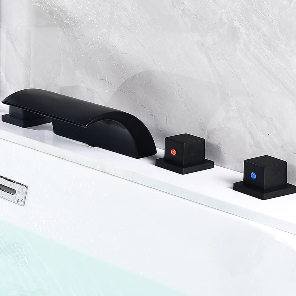 5 Einheiten Wasserfall Badewannenarmatur mit LED Licht Schwarz  Ausziehbar Handbrause Einziehbar Schlauch