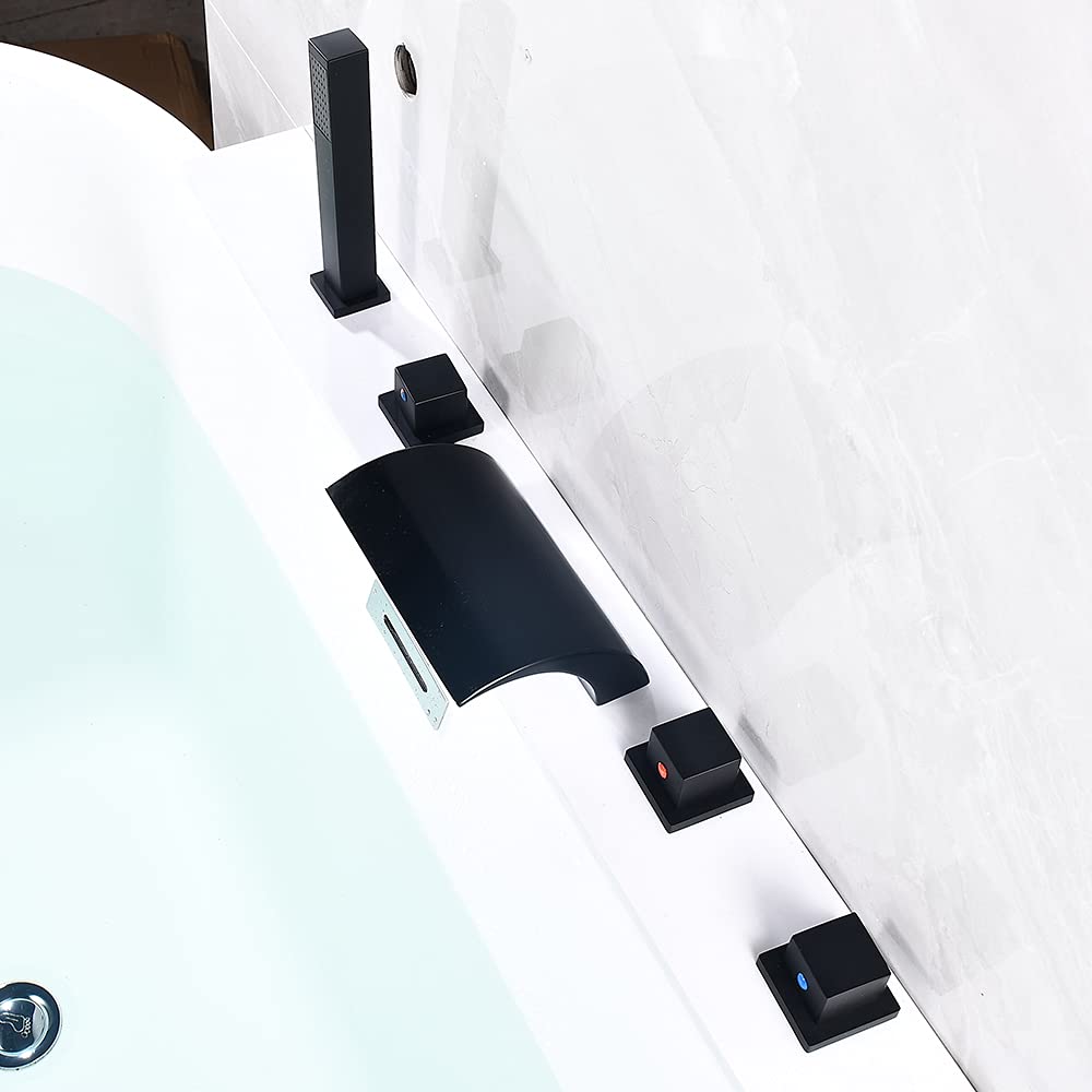 5 Einheiten Wasserfall Badewannenarmatur mit LED Licht Schwarz  Ausziehbar Handbrause Einziehbar Schlauch